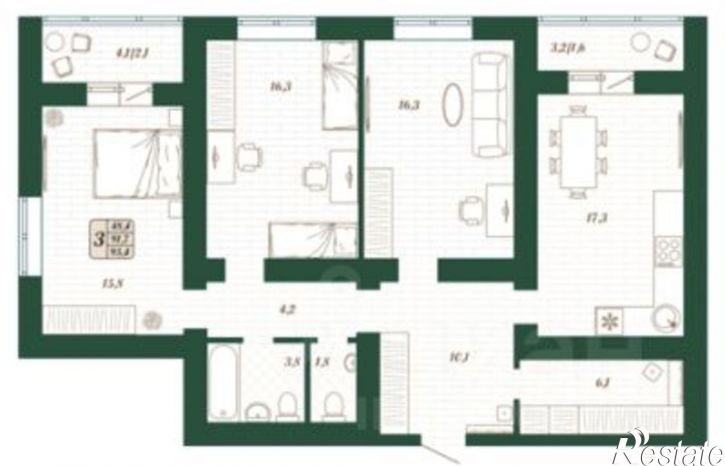 3-комн квартира в новом доме ул Антонины Зубовой, 2 1,  д. 2 1,  к. 1